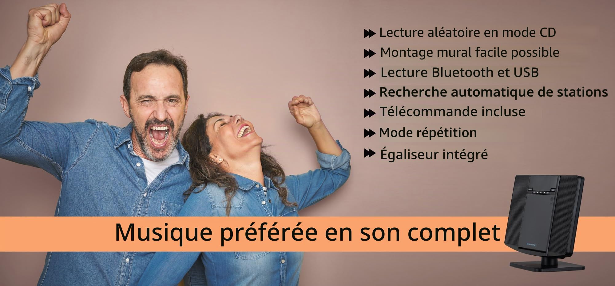 MCD-60 Système Stéréo Vertical (Lecteur CD/MP3, USB, Bluetooth, Entrée Aux, Montage sur Pied Ou Mural, Télécommande Incluse) Noir