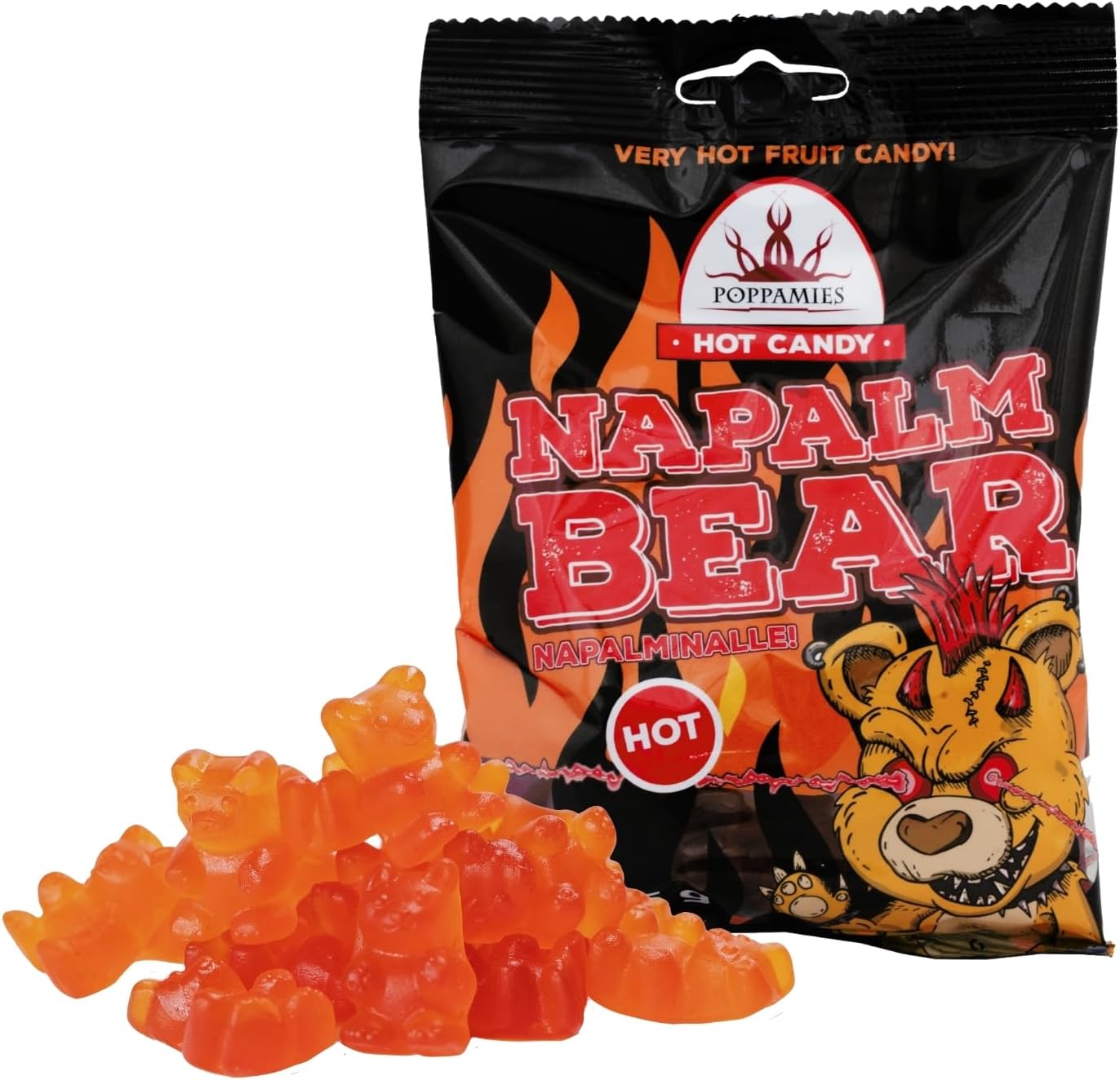 Spicy Gummy Bear Sweets Poppamies NapalmiNalle Chili Fruit Gums - Gluten free Lactose free Vegan - Not for kid or Halloween Prank - Spiciness: 4/10 - Size: 125g