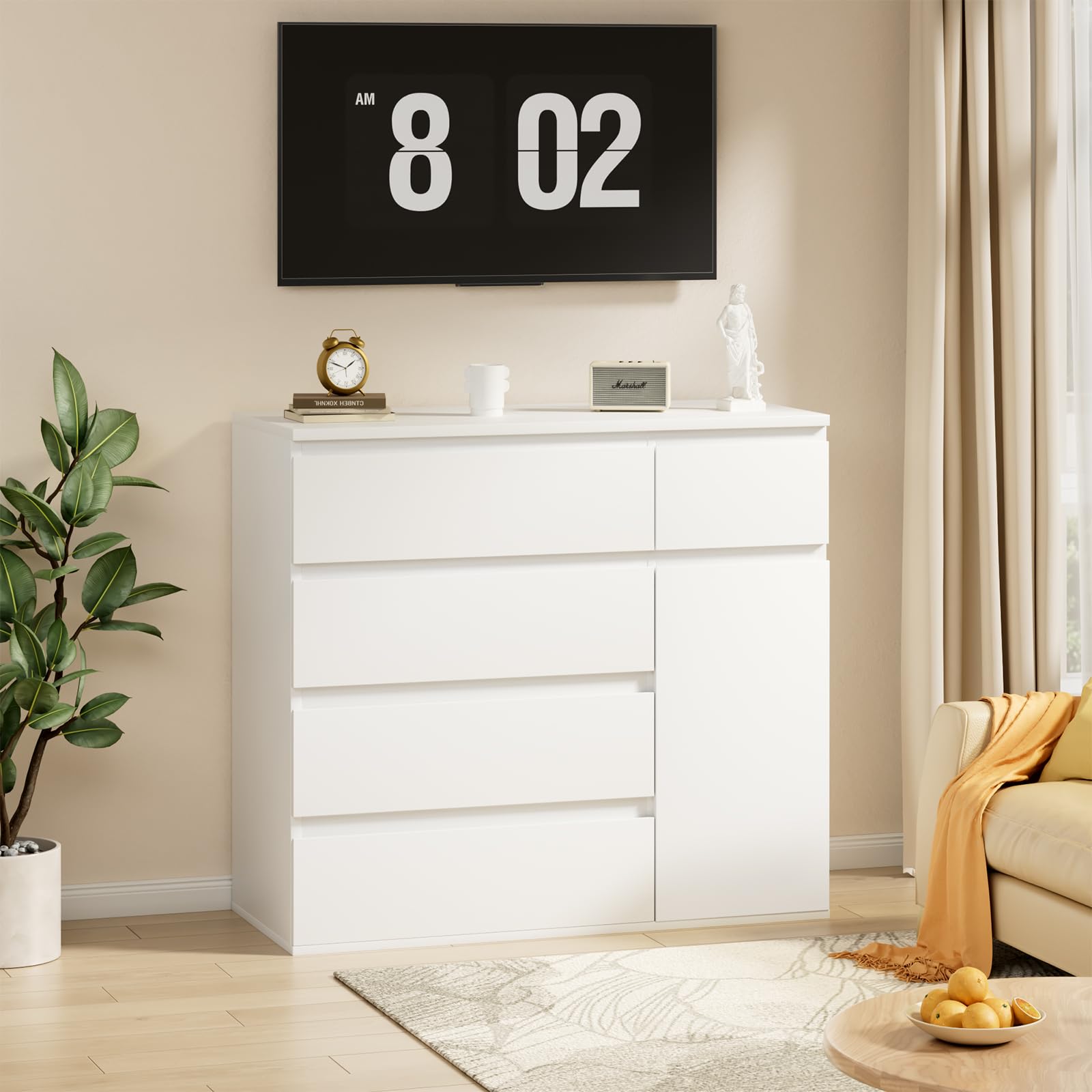 YOUDENOVA Kommode mit 5 Schubladen und 1 Tür, Weiß Holz Kommode für Schlafzimmer Flur Wohnzimmer, Komodenschrank 40cm Tief, Schubladenschrank 90 cm Breit, Modern Möbel, 90 x 40 x 80 cm