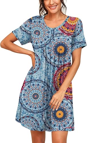 Miniatura 2 de PrinStory - Camisón de manga corta para mujer con plisado y cuello redondo