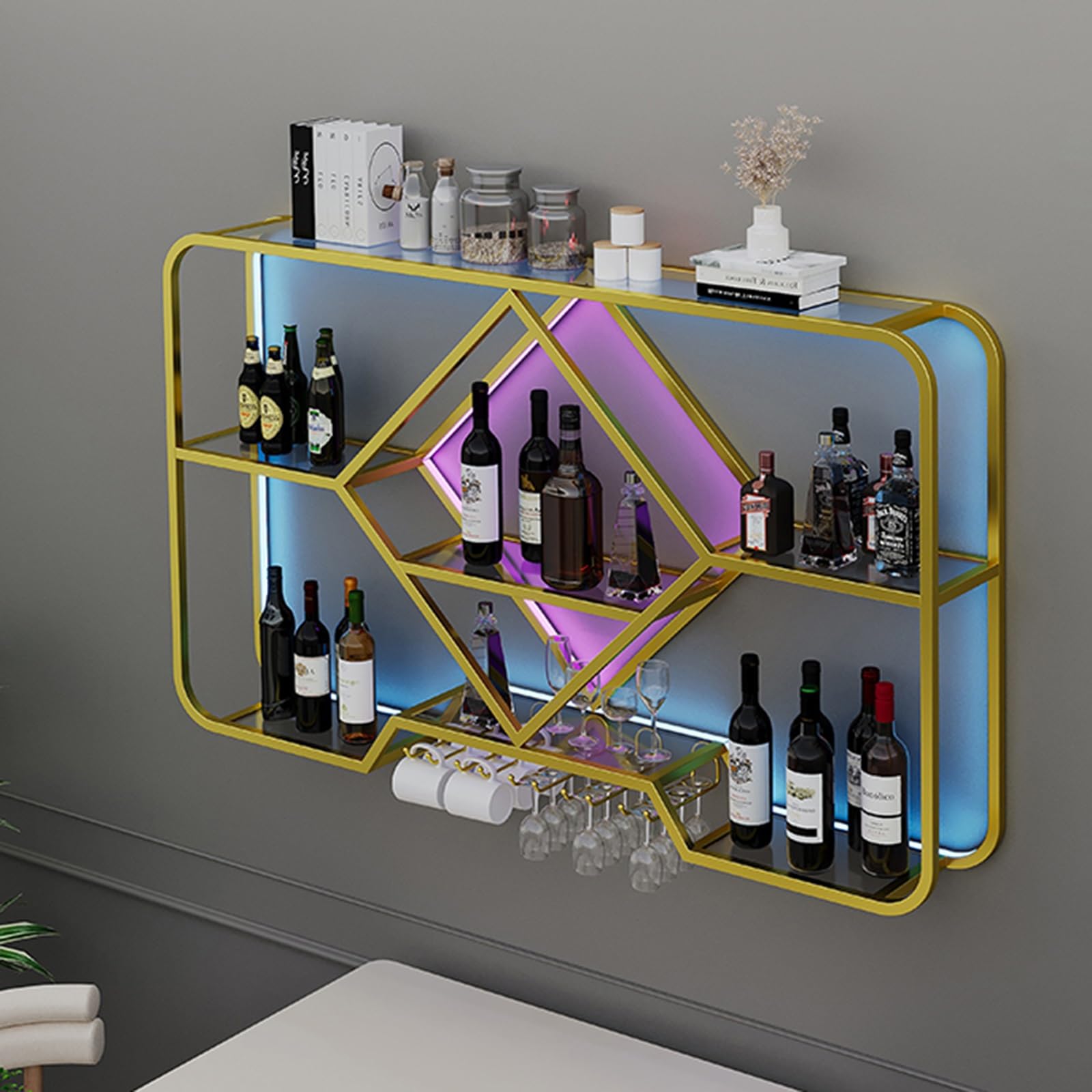 Botellero de Pared Dorado para almacenar vinos con Estilo, exhibir Botellas y sostener Copas. Ideal para Bares en casa. Diseño Elegante.