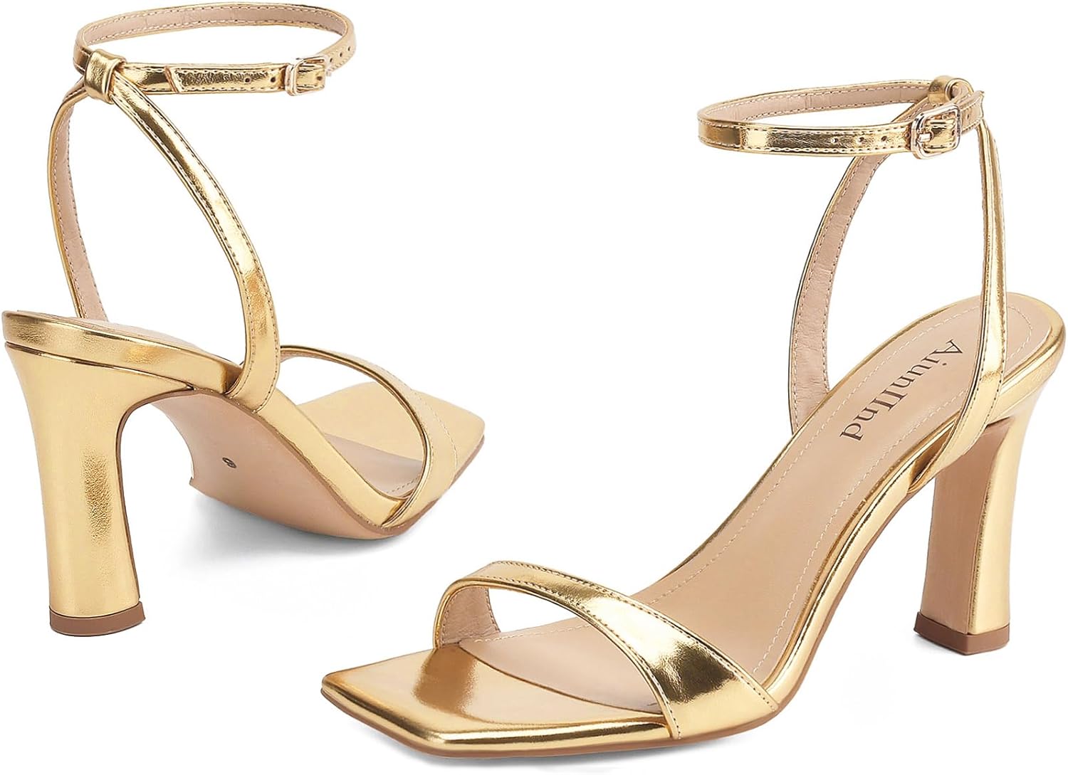 AIUNIIND Women's Square Open Toe Heeled Sandals Chunky High Heels Ankle Strap Sandals for Women Prom Wedding Heels Gold 7 - Image 5