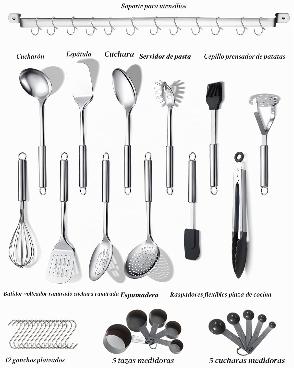 Berglander Juego de utensilios de cocina de 38 piezas de acero inoxidable, utensilios de cocina con soporte para utensilios y ganchos para colgar aptos para lavavajillas