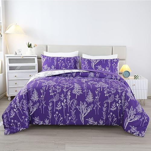 URBONUR Purple Comforter Set King Size Plant Floral Printed Bed in A Bag 5 Piece Bed Set for King Bed, Ultra Soft & Fluffy Bedding Sets for Women