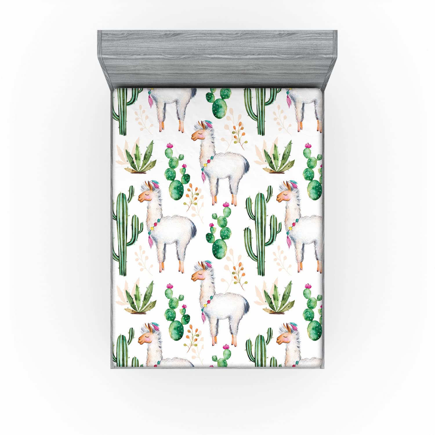 Ambesonne Desert 2 Pack Fitted Sheet, Llama Animal Pattern Cacti, Bed Cover All-Round Elastic Deep Pockets 2 Pieces, Package Contains 2 California King Fitted Sheets, White Green