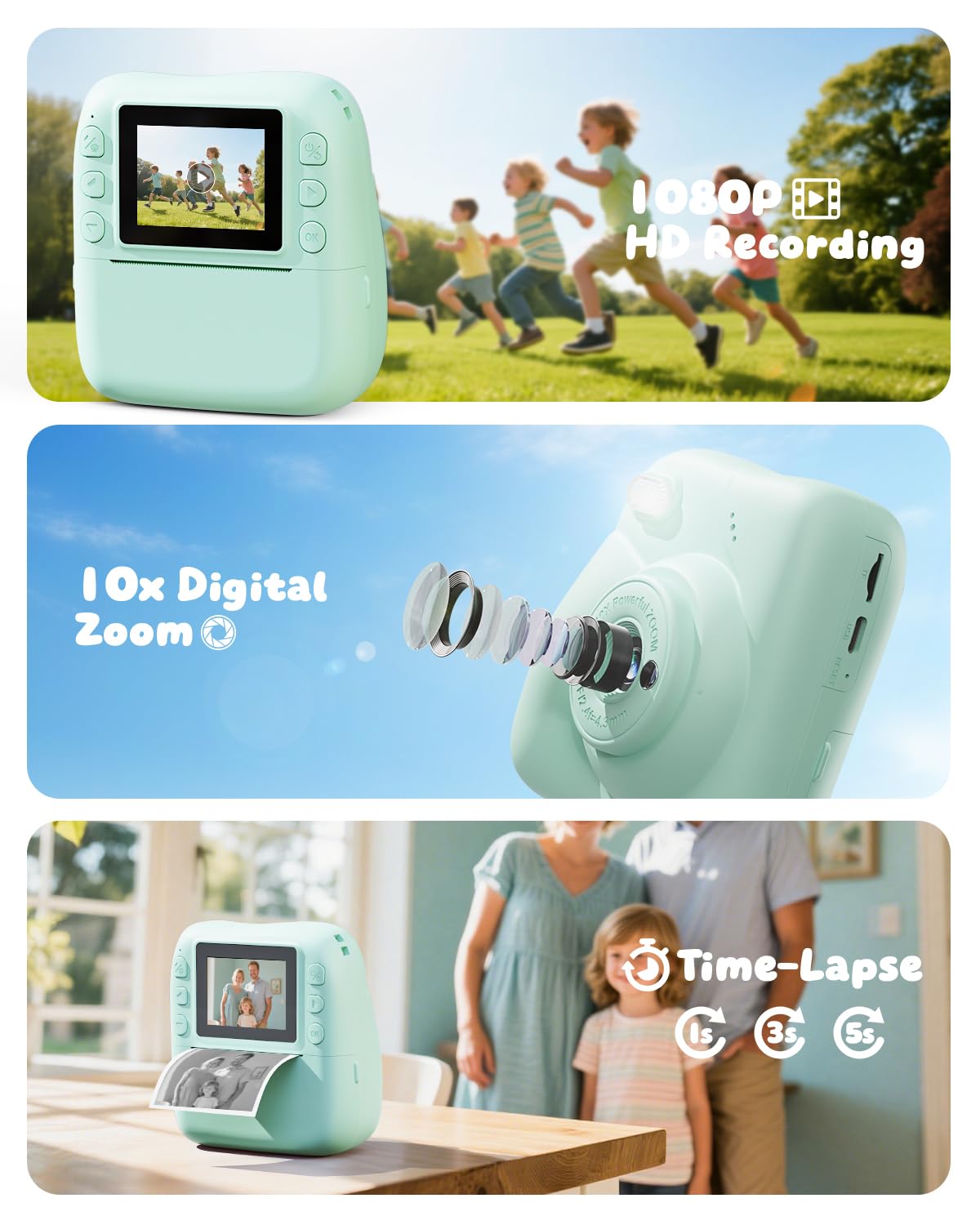 CAMCLID Macchina Fotografica Bambini Istantanea, 1080P HD Macchina Fotografica Istantanea 48MP con Scheda da 32 GB e 3 Rotoli di Carta da Stampa, Regalo per Ragazze Ragazzi da 3-12