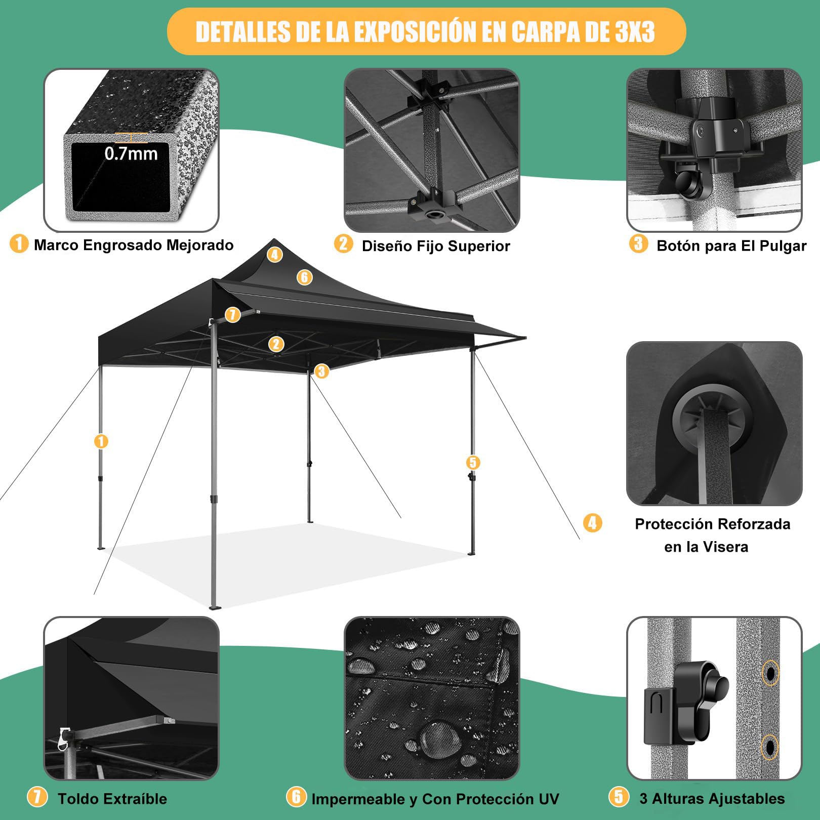 COBIZI Gazebo 3x3 Pieghevole con Parasole e Pannelli Laterali,Nero | Impermeabile UV50+ Gazebo Esterno Resistente 3x3 Tendone da Esterno Tenda per Giardino Auto Campeggio Spiaggia Fiere