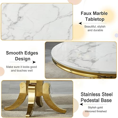 Miniatura 4 de Juego de mesa de comedor redonda de mármol blanco para 6, mesa de comedor redonda de lujo de mármol de 45 pulgadas con 6 sillas de terciopelo azul,