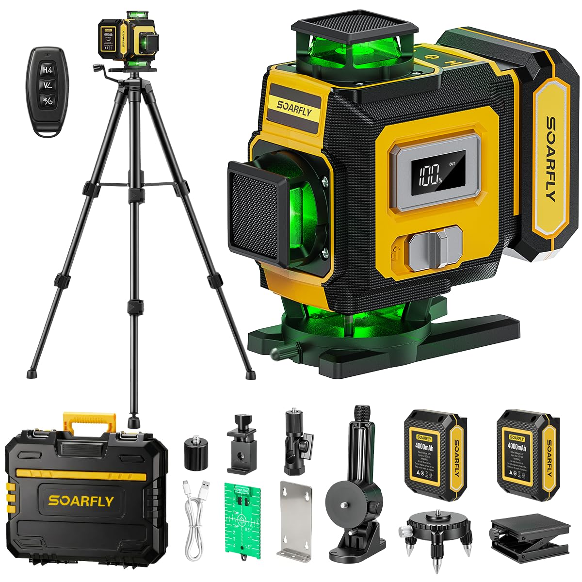 SOARFLY 4D Laser Level with Tripod, 4x360° Self-Leveling Green Beam Cross Line Laser Level, 2X 4000mAh Batteries, Remote Control, Magnetic Bracket, for Tiling, Construction & Home Renovation (Black)