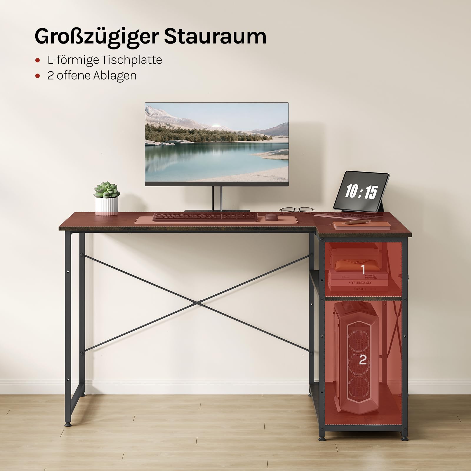 WOLTU Eckschreibtisch120x75 cm, L-förmiger Schreibtisch mit 2 Ablagen, Bürotisch Computertisch PC Tisch, Ecktisch Groß für Büro Homeoffice Gaming, Industrie-DesignSchwarz+Rostfarbe