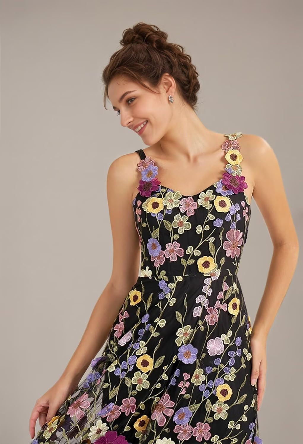 3D Floral Embroidery Prom Dresses for Women Long Spaghetti Straps Flower Applique Tulle Formal Gown Evening Dress - Image 3