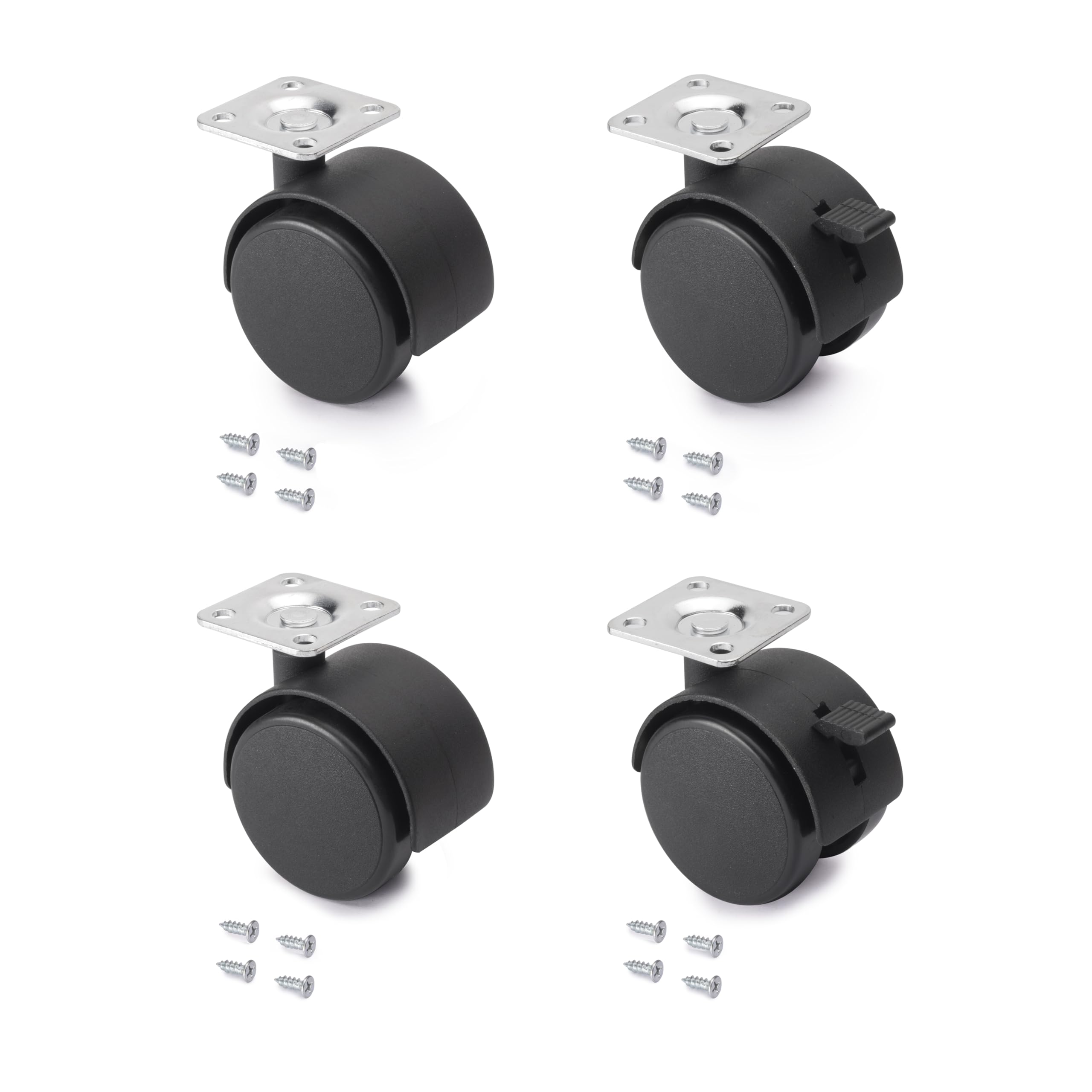 Emuca Black - Pack Of 4 Swivel Castors For Furniture (2 With Brake And 2 Without Brake) 50Mm Diameter With Fixing Plate And Ball Bearings