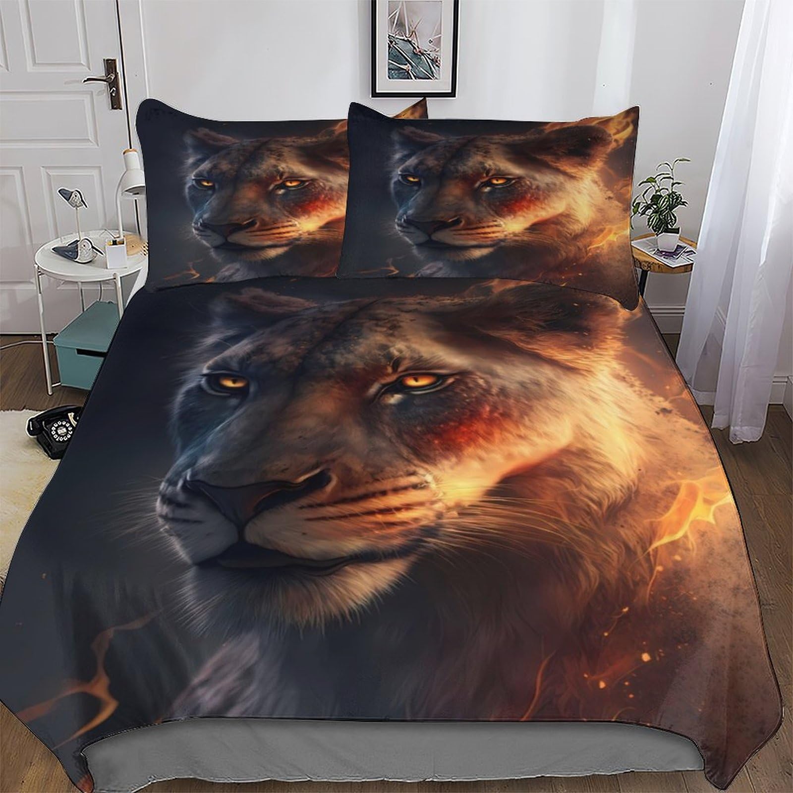 Housse de couette Fire Lion 3D 200x200 cm avec 2 taies d'oreiller pour lit double en microfibre