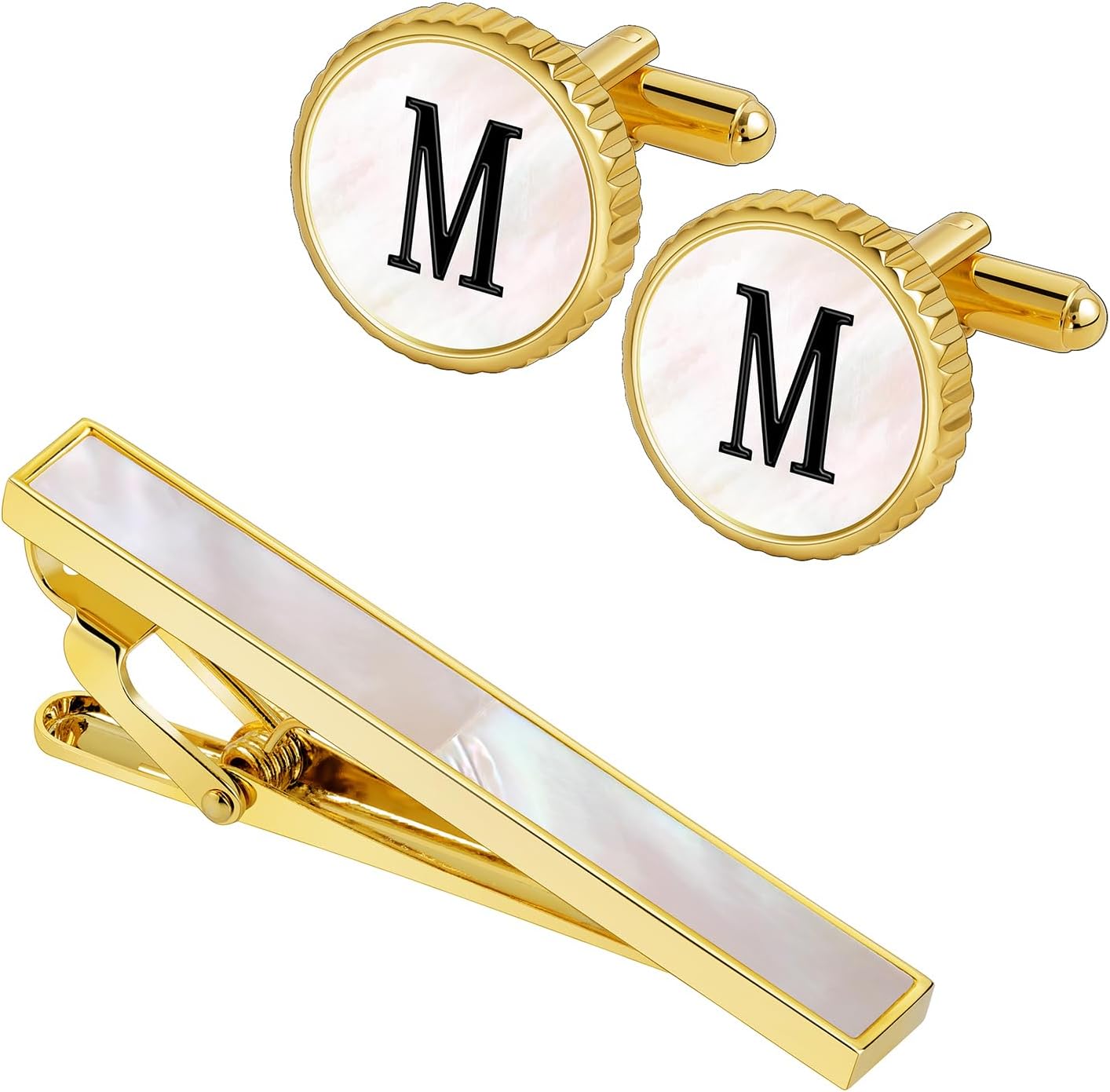 Amazon.com: Mother of Pearl Initial Cuff Links Mens + Tie Clips for Men ...
