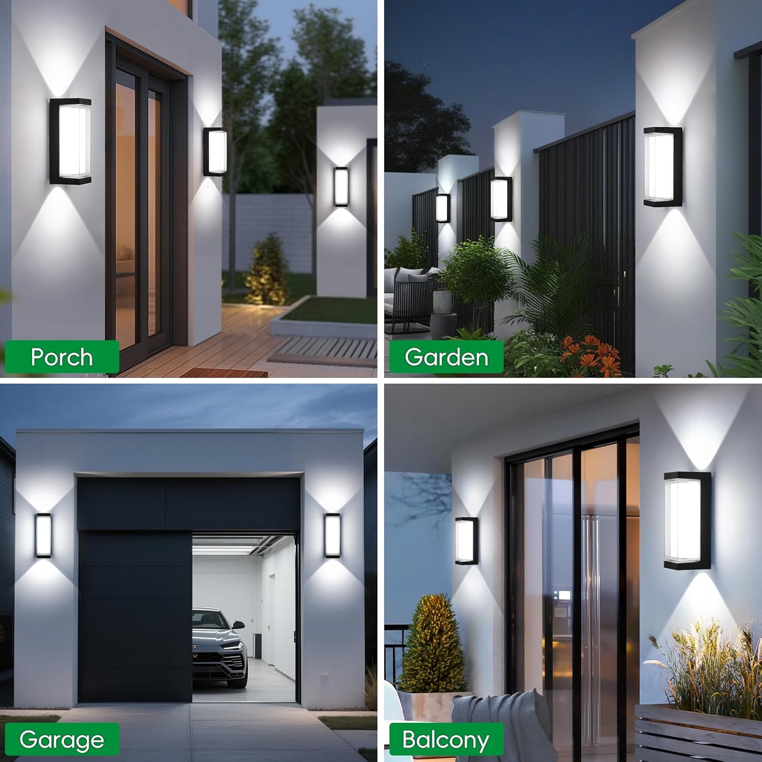 24W Outdoor Porch Lights Exterior Lighting Fixtures Wall Mount Rectangular Modern Patio Sconces 3000LM 6000K Aluminum Black IP65 for Garage House Front Door Entryway