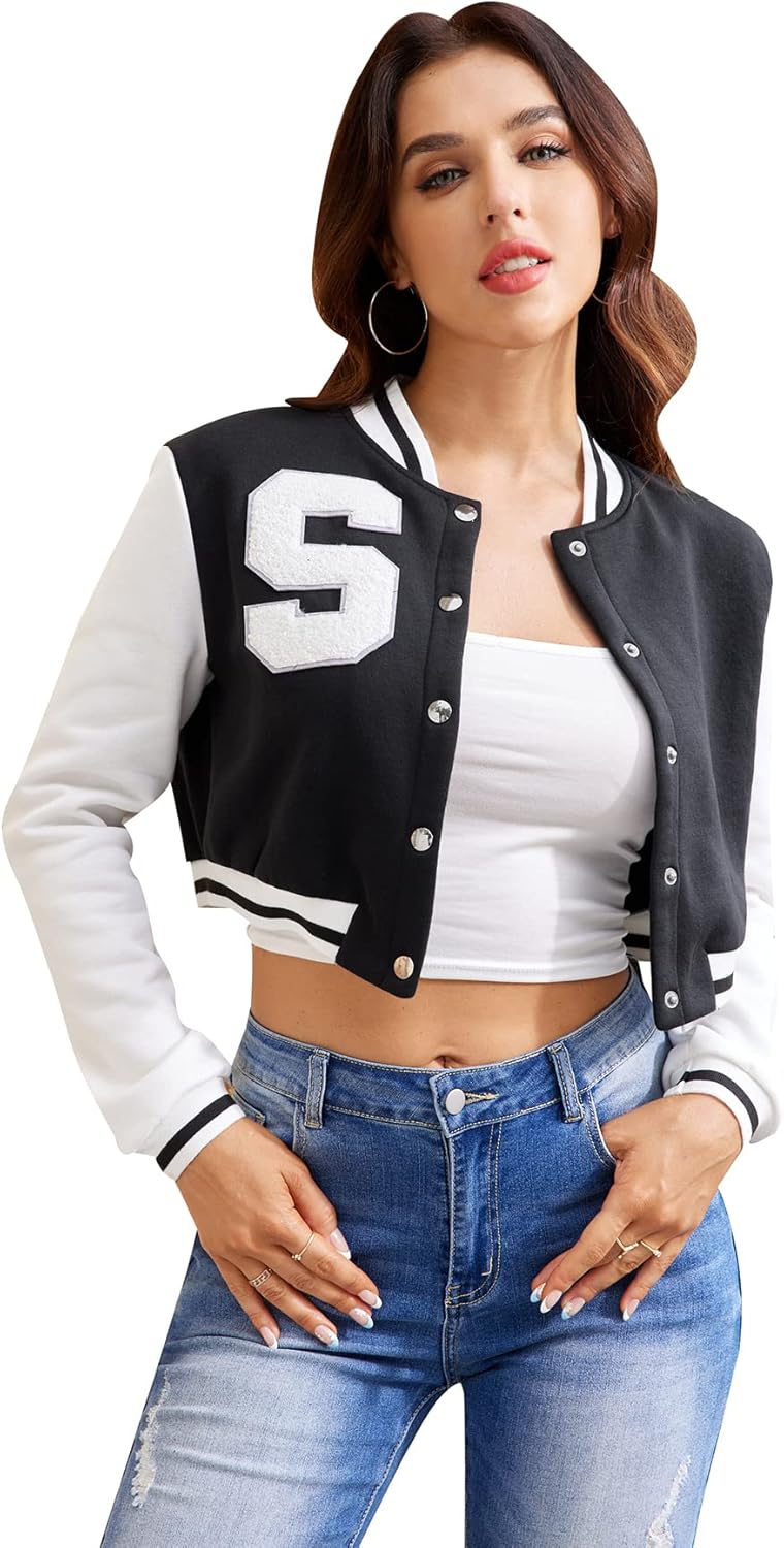 WDIRARA Women's Letter Print Crop Long Sleeve Bomber Jacket Casual School Varsity Jackets