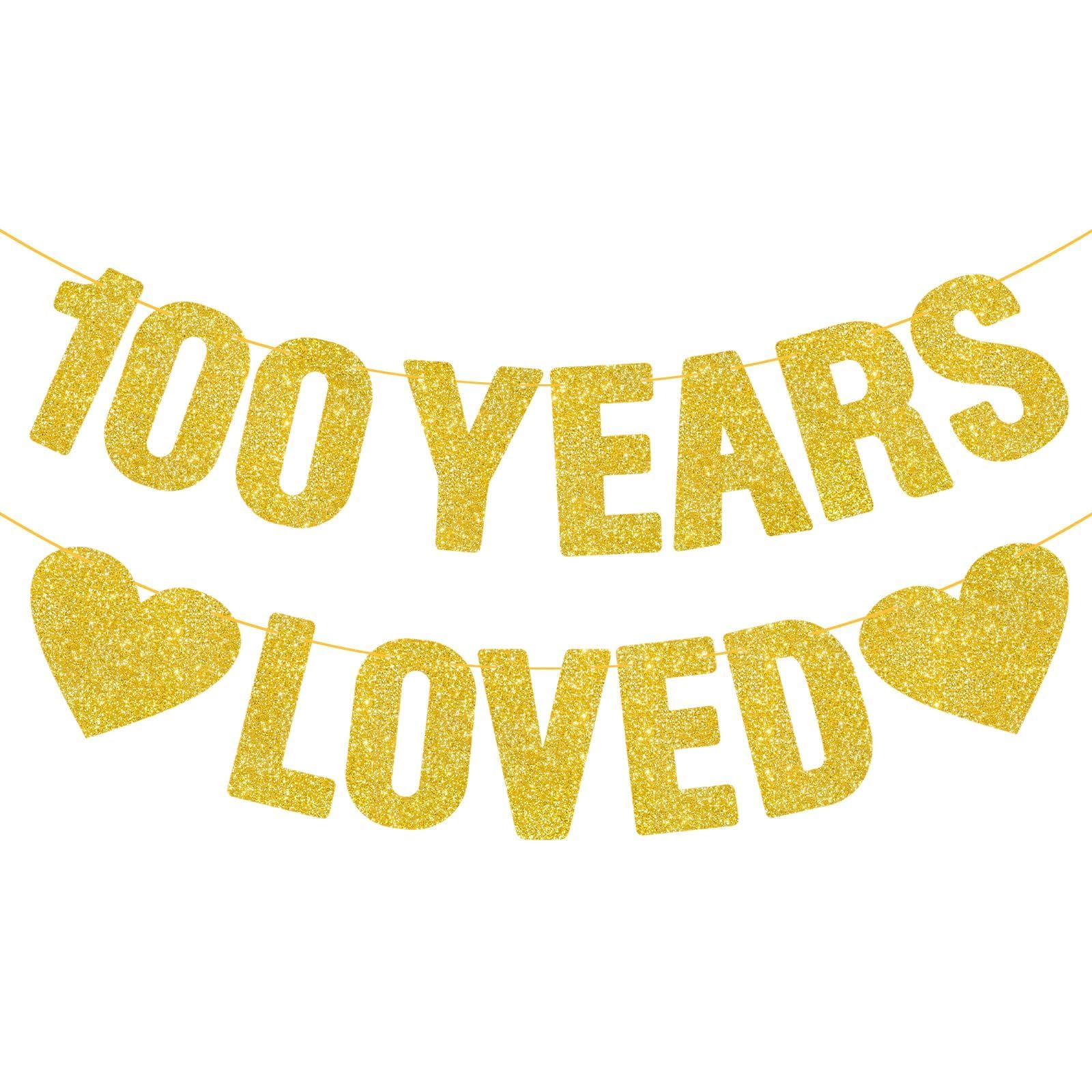 BLMHTWO Pre-Strung 100 Years Loved Banner, Gold Glitter Happy 100th Birthday Party Banner Decorations Supplies for 100 Year Old Women Men Century Birthday Wedding Anniversary