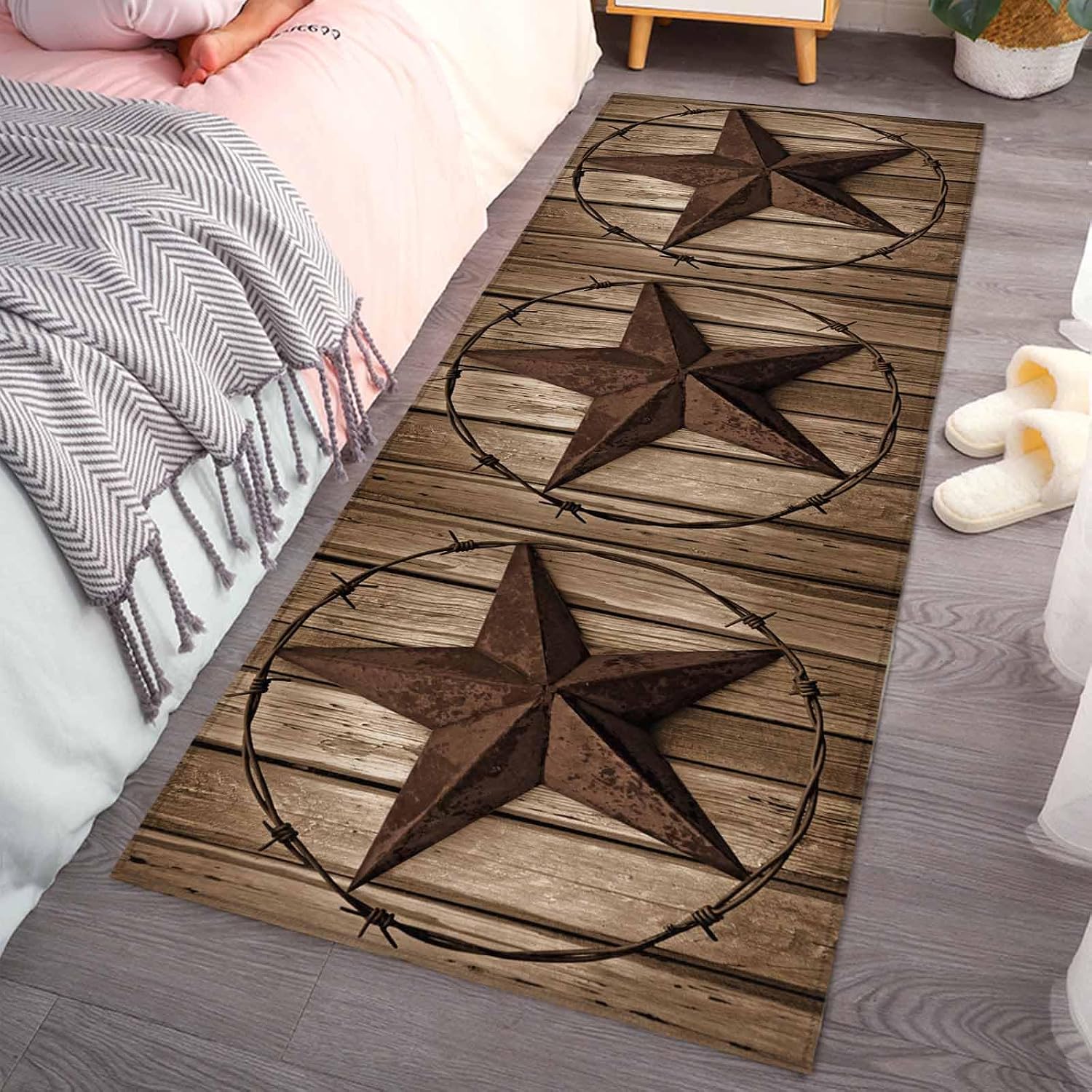 Teamery Kitchen Mats for Floor Vintage Texas Star on Board Washable Non Slip Kitchen Rugs 1PCS, Country Brown Wood Grain Absorbent Standing Mats for Sink Bathroom Office Living Room 15.7x47.2in