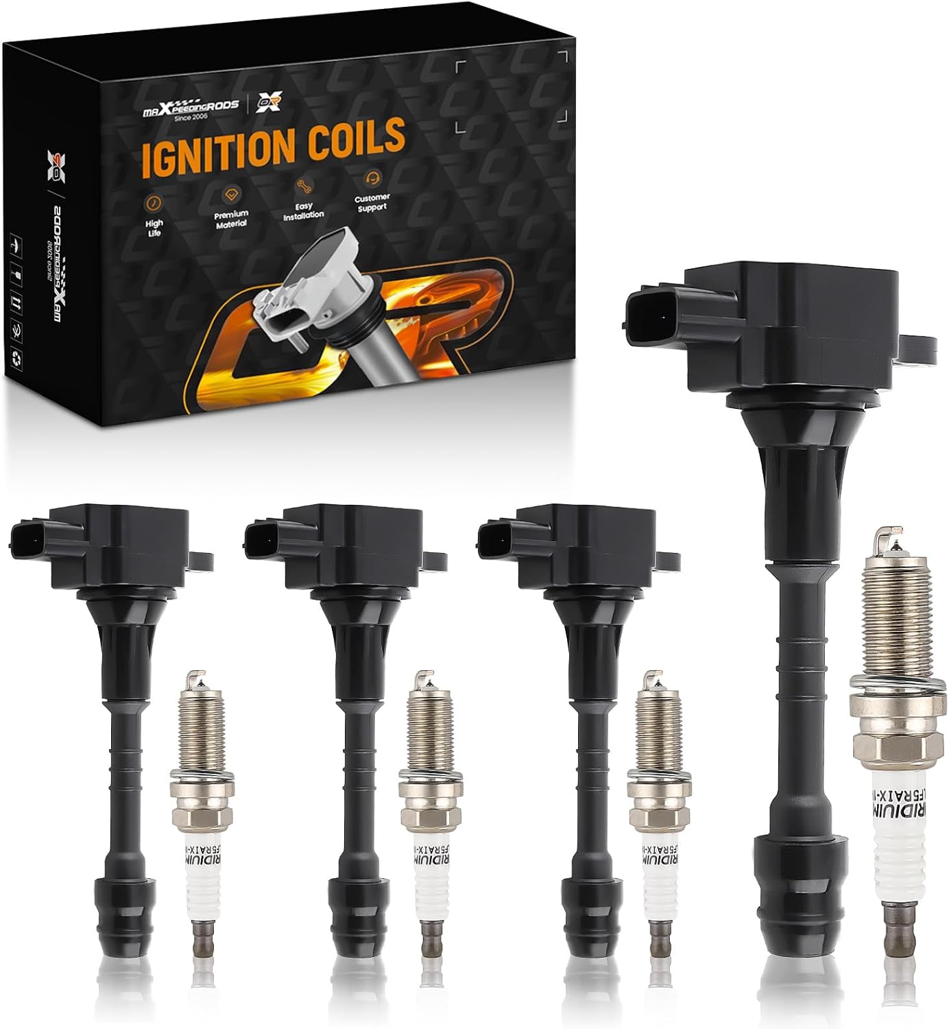 maXpeedingrods UF351 Set of 4 Ignition Coil Pack and Iridium Spark Plugs Fit for Nissan Sentra L4 1.8L 2002-2006, Ignition Coil Kit Replace UF-351 224336N015 224486N011