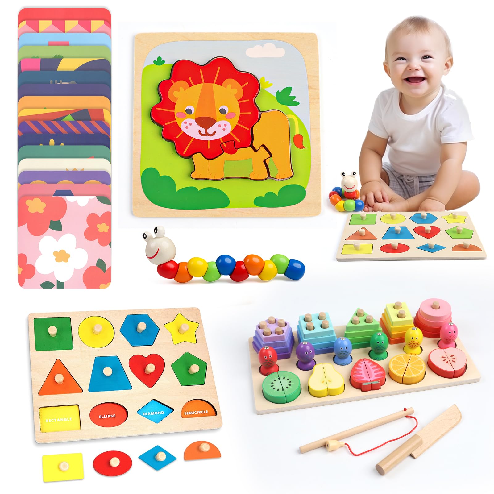 Babies Sensory Toys 6 12 18 Months, 5 IN 1 Wooden Montessori Toys for 1 Year Old Girls Boys, Toddlers Educational Sorting Toy, 3D Puzzles, Wiggly Worm, High Contrast Cards, Baby 1st Birthday Gifts