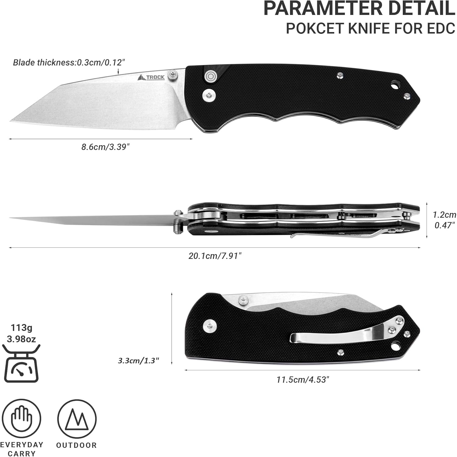 Pocket Folding Knife - 3.39" EDC Knife D2 Blade Stonewashed Finish - G10 Handle with Thumb Stud - Pocket Knife for Men Women - Camping Hiking Survival Preparation