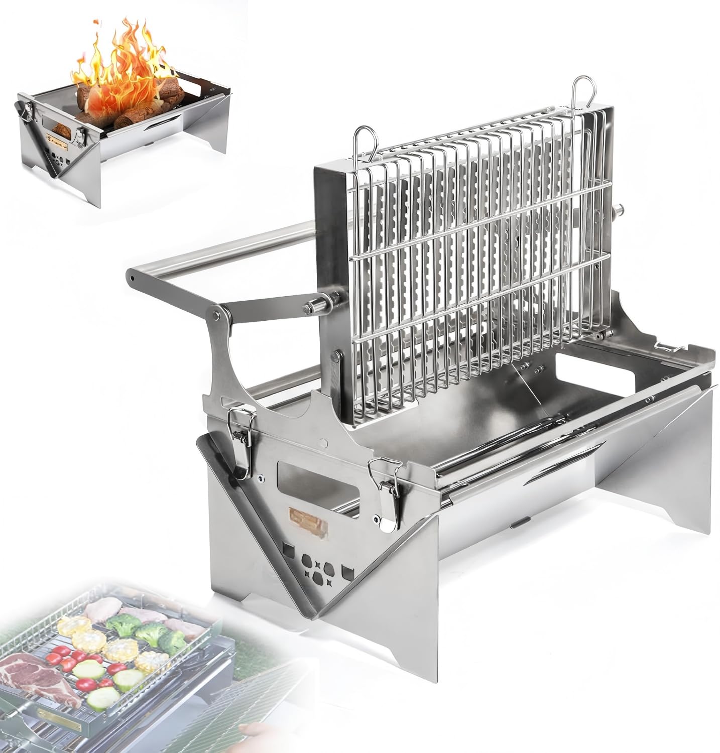 Griglia a carbone, rotazione a 360° con vassoio rimovibile e telaio in acciaio regolabile, griglie per barbecue in acciaio inossidabile con ribaltamento per picnic e festa in giardino
