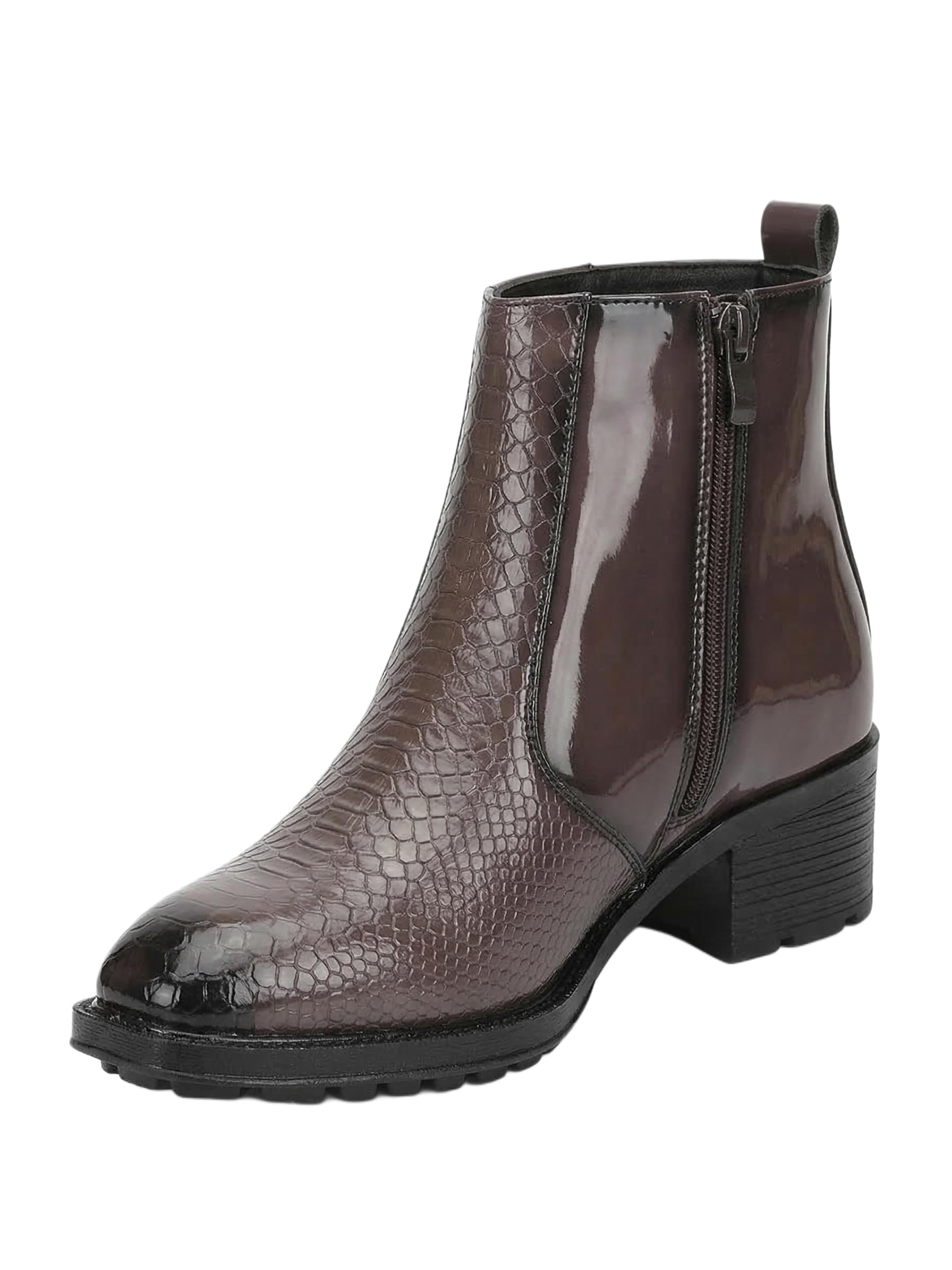comforts Men's Brown Patent Croco Embossed Chelsea Ankle Boots with Block High Heel and Side Zipper-picture-27
