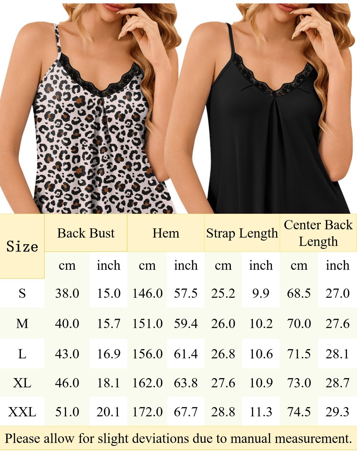 Ekouaer 2er Nachthemd Damen Ärmellos Nachtkleid Sexy Träger Nachtwäsche Spitze V-Ausschnitt Unterkleid Negligee Schlafshirt S-XXL