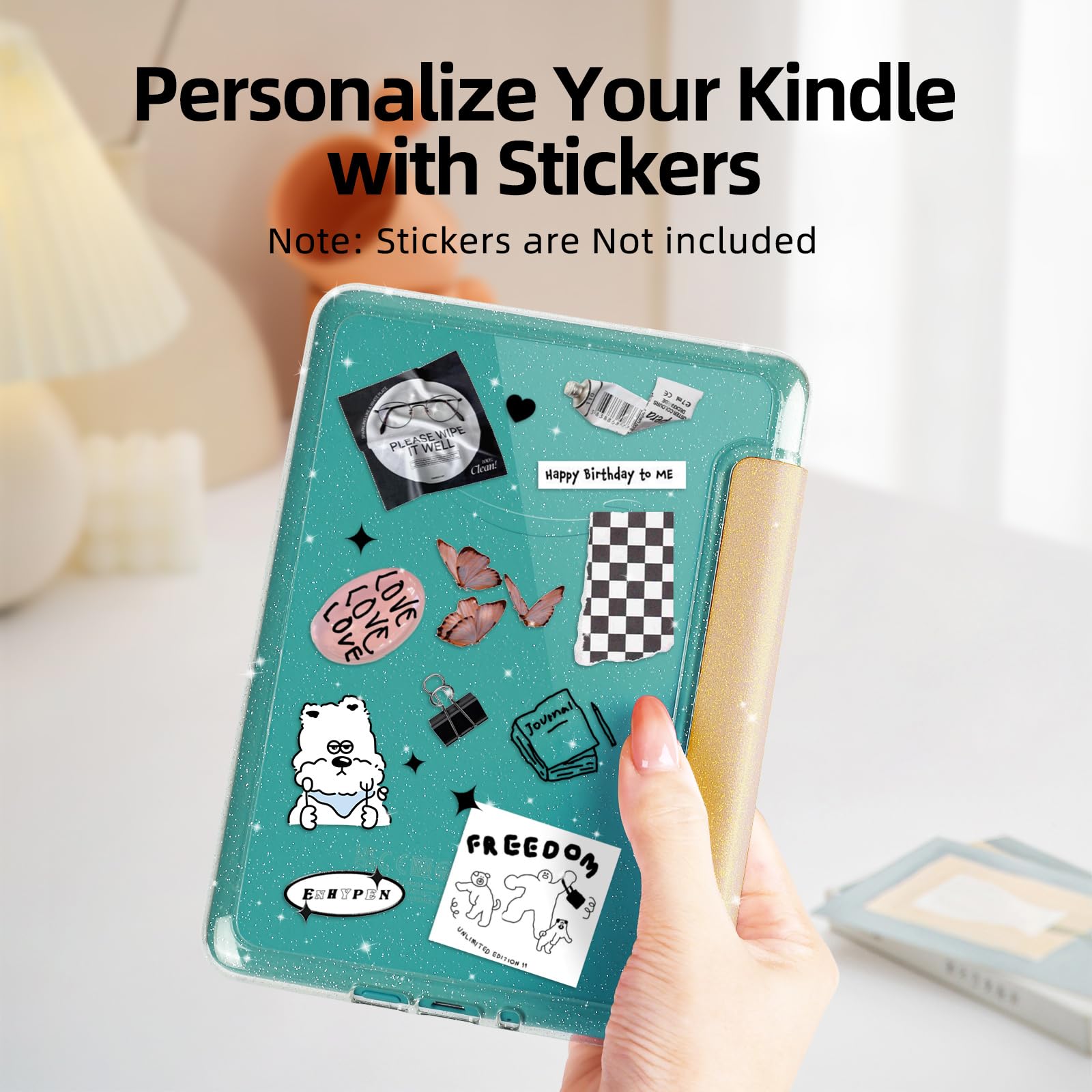 Custodia glitterata per Kindle Paperwhite da 7 pollici di 12a generazione 2024 e Kindle Colorsoft Signature Edition, guscio posteriore trasparente con custodia in pelle PU, funzione sleep/wake