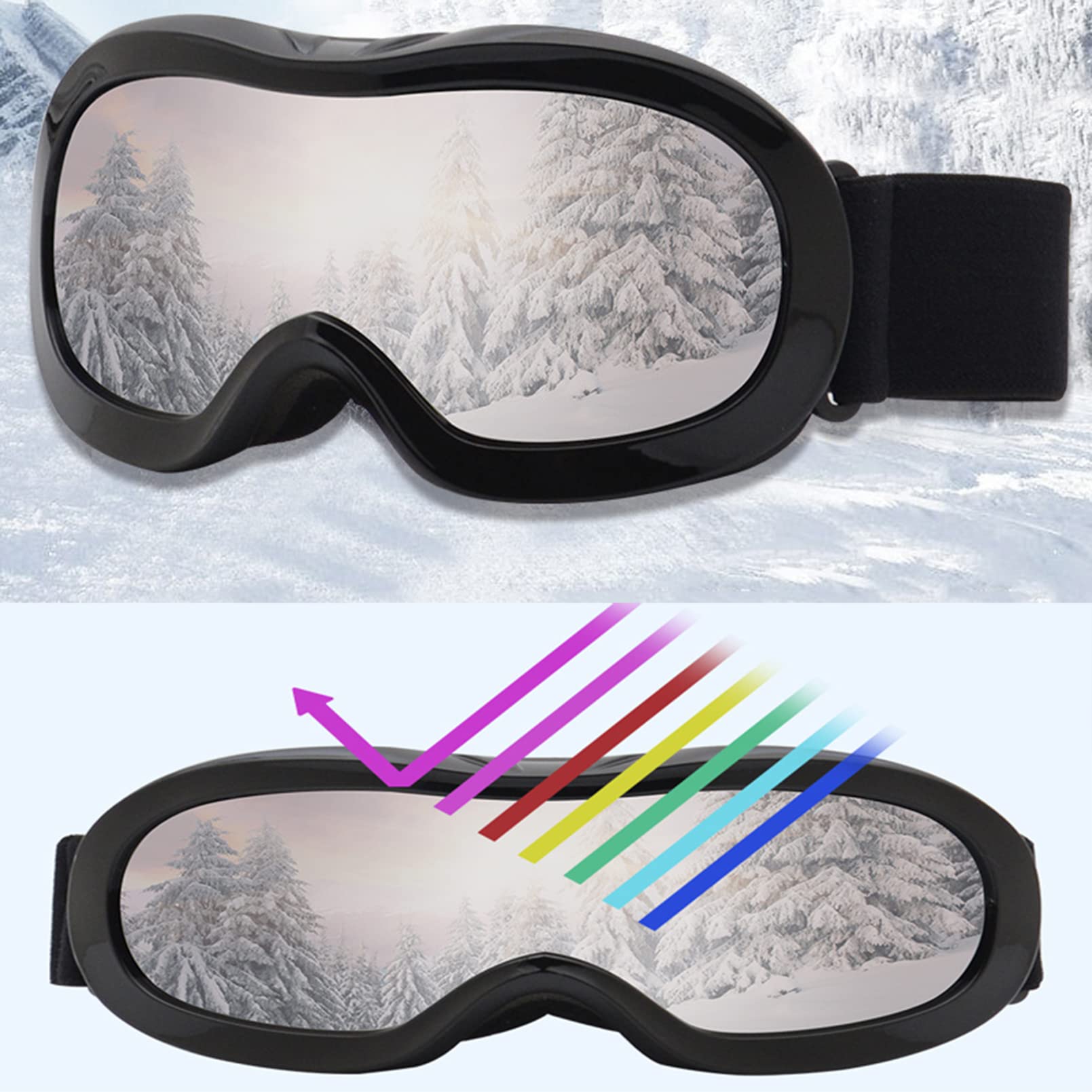 Lunettes de Ski pour Enfants de 3 à 12 Ans, Double lentille Haute définition Disponible pour la myopie, Protection 100% UV400, Coupe-Vent et antibuée, Peuvent être utilisées pour Faire du vélo,