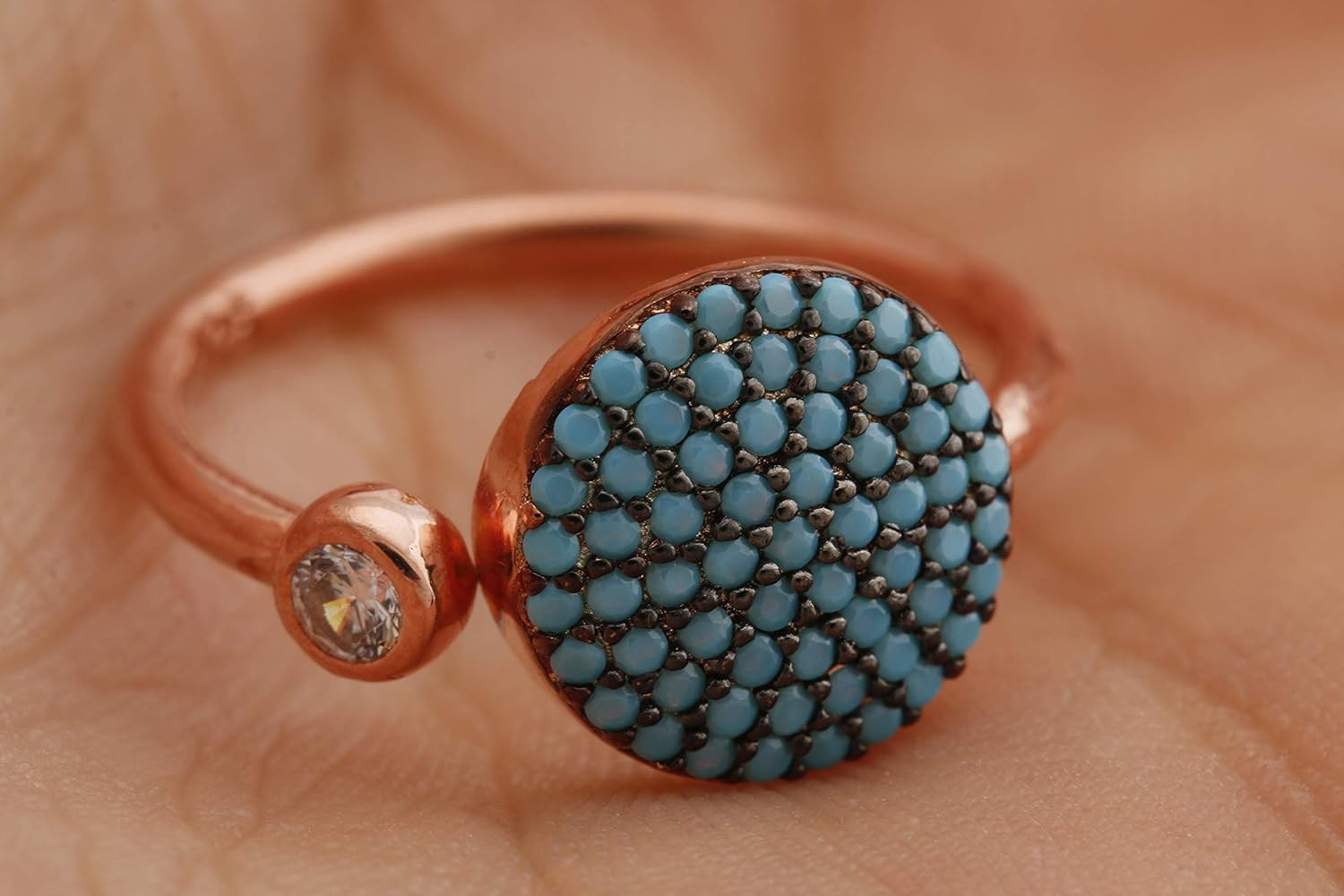 Special Design! Turkish Handmade Jewelry Round Shape Turquoise and Round Cut White Topaz Rose Gold 925 Sterling Silver Ring Adjustable Size