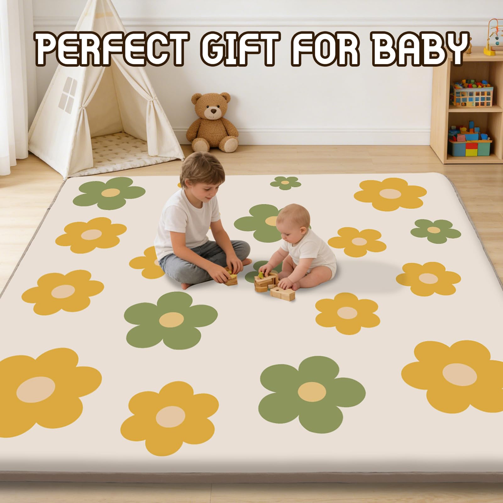 Baby-Spielmatte für den Boden, 3,3 cm dicker Schaumstoff, weich gepolsterte Spielmatte für Bauchzeit, 150 x 200 cm, wasserabweisend, Korallensamt, Laufgittermatte für Kleinkinder, Kleinkinder