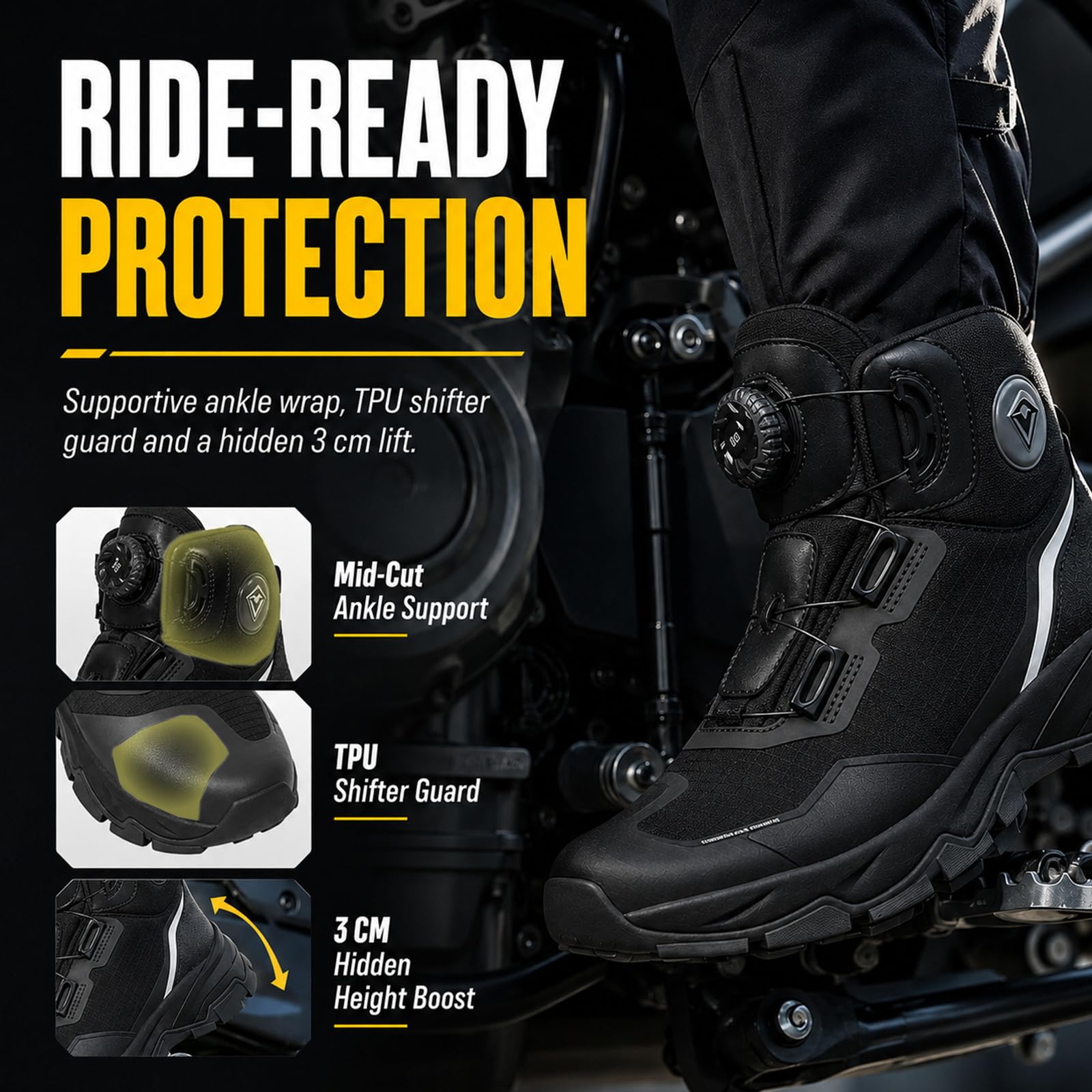 Scarpe Moto Uomo Estate Traspirante Protezione Caviglia TPU Stivali Moto | Suola antiscivolo, chiusura rotativa e supporto per la caviglia, ammortizzazione eva per guida su strada e città