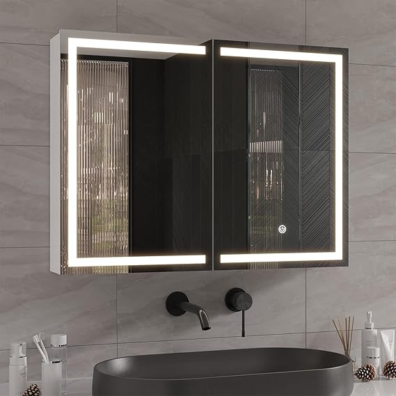 DICTAC Bathroom Medicine Cabinet with Mirror and LED Light, Wall Mounted Bathroom Mirror with Storage, 2 Doors Bathroom Wall Cabinet, Memory Dimmable 3 Color Temp, Adjustable Shelves, 31.5''x23.6''
