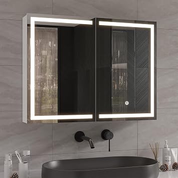 DICTAC Bathroom Medicine Cabinet with Mirror and LED Light, Wall Mounted Bathroom Mirror with Storage, 2 Doors Bathroom Wall Cabinet, Memory Dimmable 3 Color Temp, Adjustable Shelves, 31.5x23.6