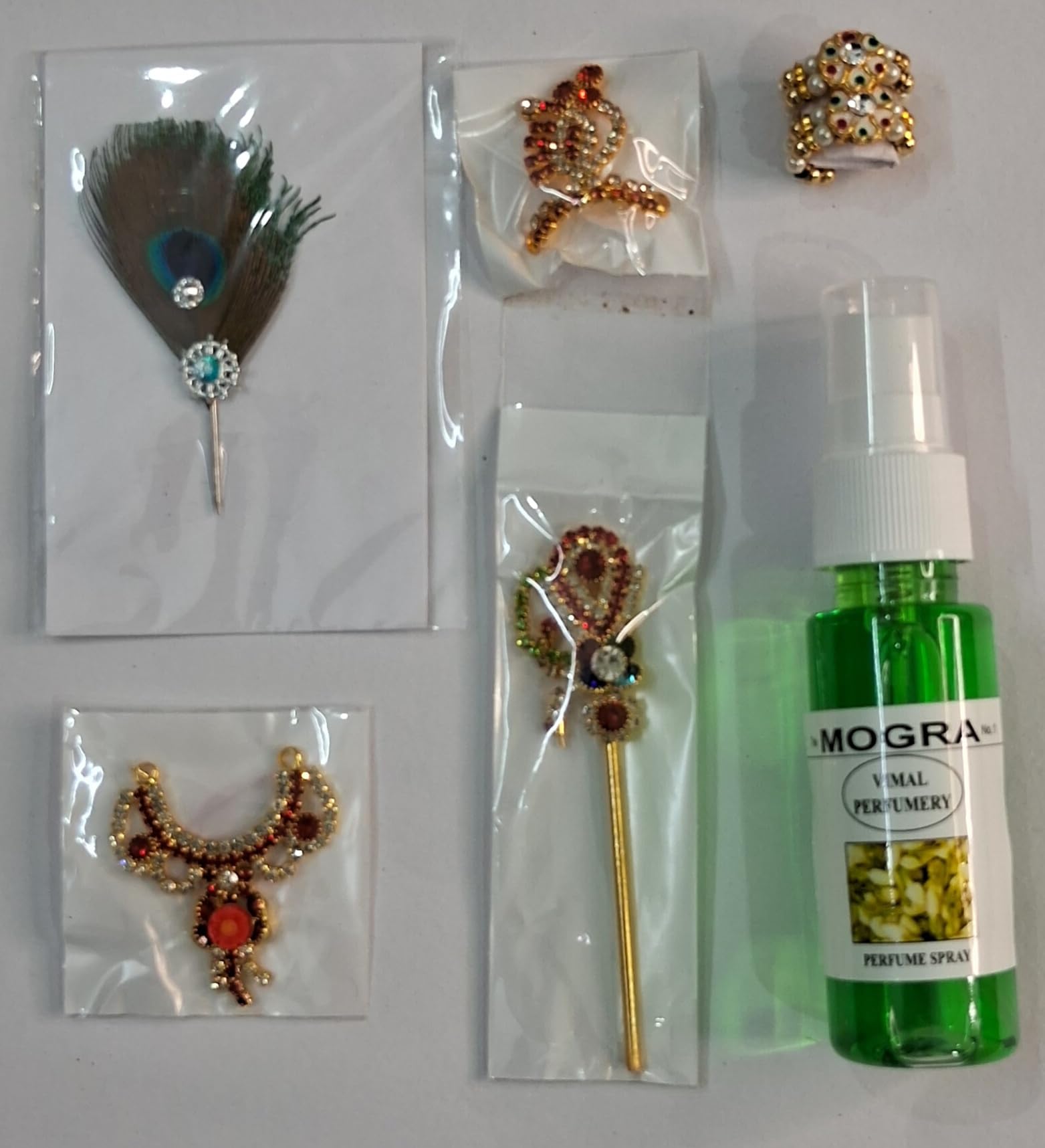 YHM Sales LADDU Gopal JI KANHA JI Krishna Accessories Set of 6 Items. 1 Perfume, 1 BANSURI, 1 MUKUT, 1 MALA, 1 KALGI, 1 Pair KANGAN, LADDU Gopal Free Size-image-2