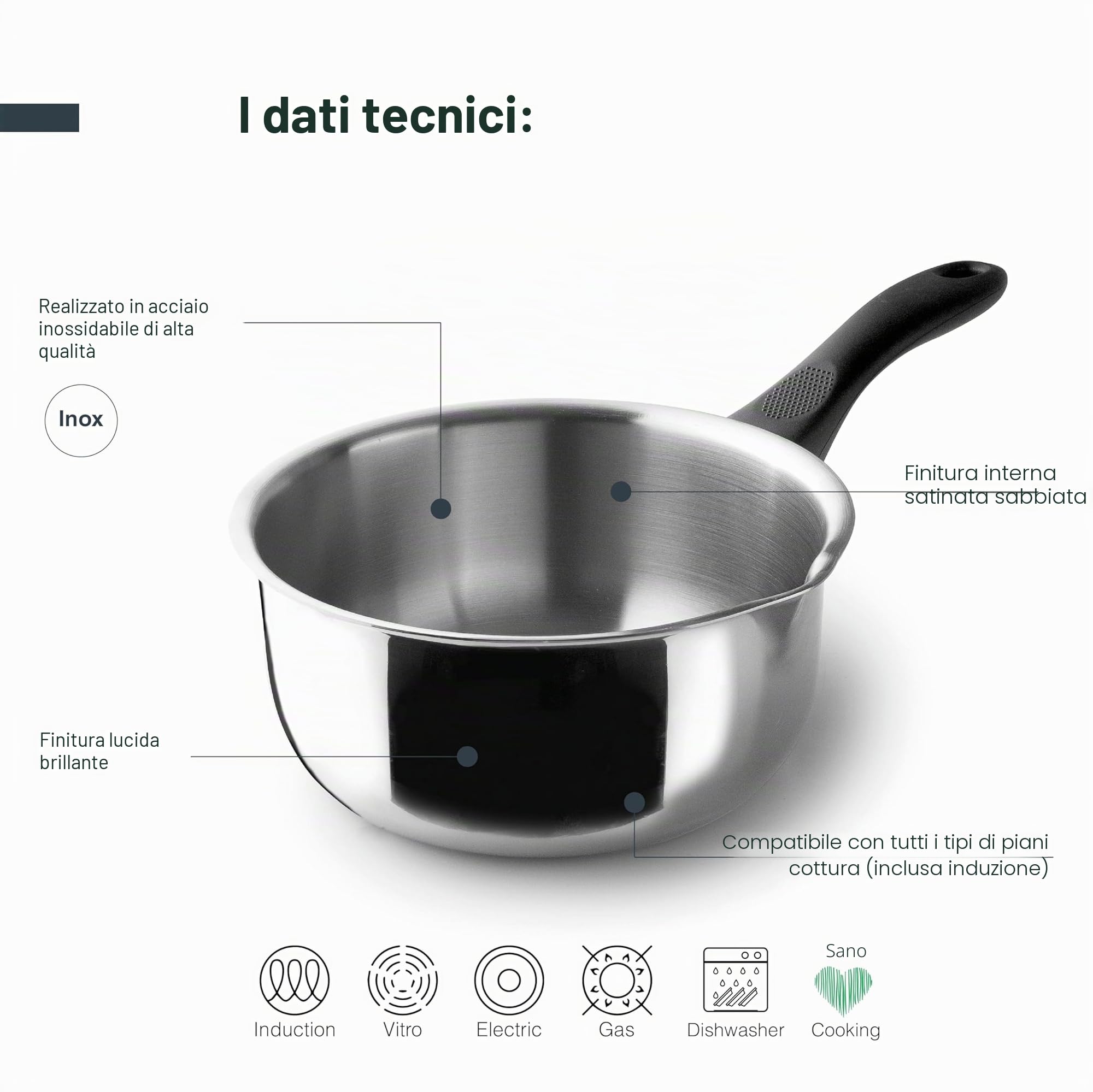 Lacor - 31312 - Casseruola diritta Garinox, acciaio inox, beccuccio versatore, manico ergonomico in bachelite, 0,5 litri, adatto all'induzione, non adatto al forno, lavabile in lavastoviglie, ø12cm