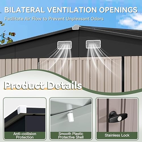 Vista 48 de Aoxun Cobertizo de almacenamiento al aire libre de 80 pies cúbicos impermeable para jardín, cobertizo de herramientas de metal, color marrón