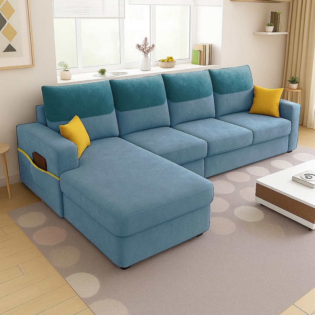 Furny Tokiaa 6 Seater Fabric LHS L Shape Sofa Set (Sky Blue) | Soft Velvet Fabric | Modern Design | Comfortable Seating | Living Room Furniture-image-8