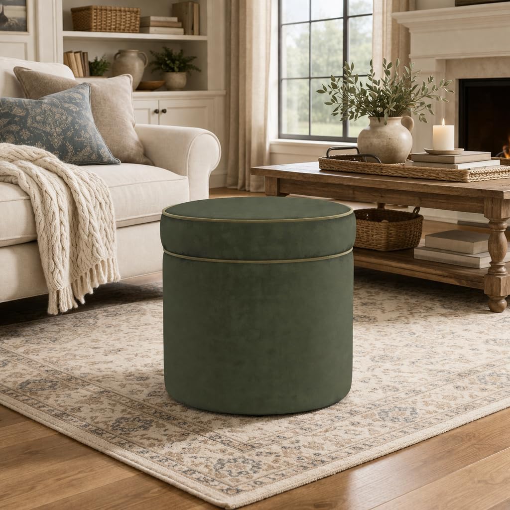 Spatial Order Velvet Storage Ottoman with Lift-Off Lid – 18” Round Upholstered Footrest, Loden Green Velvet, Modern Accent Stool with Hidden Storage for Living Room & Bedroom
