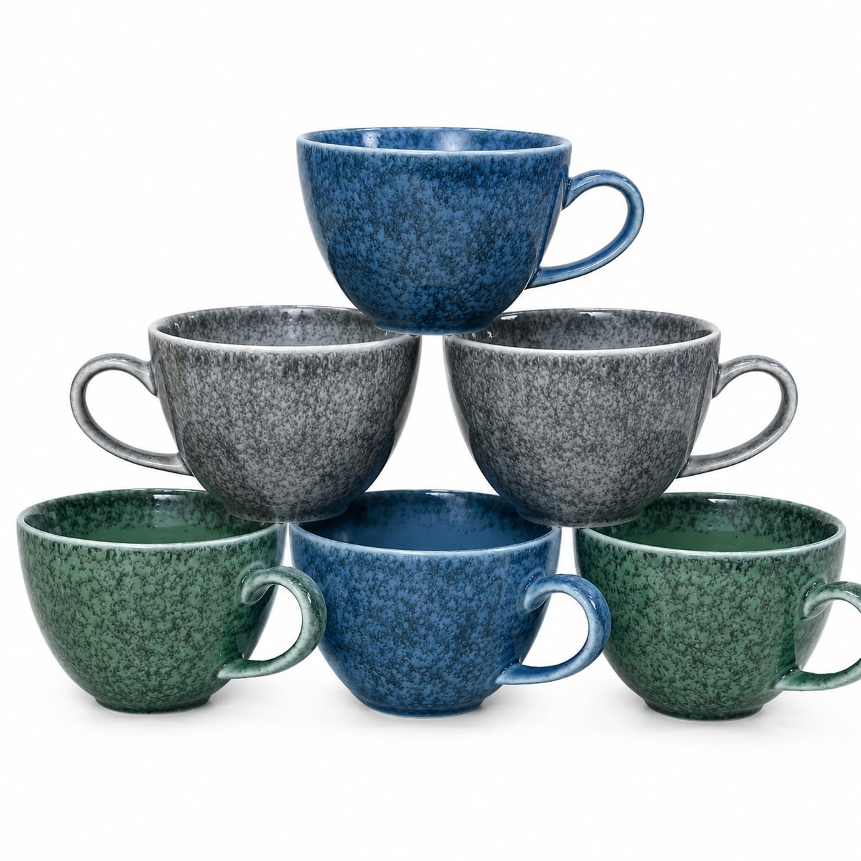 Stoneware Coffee Mugs Set of 6, 16oz Large Ceramic Cappuccino Cups with Handle, Artisanal Kiln-Transformed Glaze Reactive Mugs for Latte, Tea, Cocoa, Assorted Earthy Colors (2 Green, 2 Grey, 2 Blue)