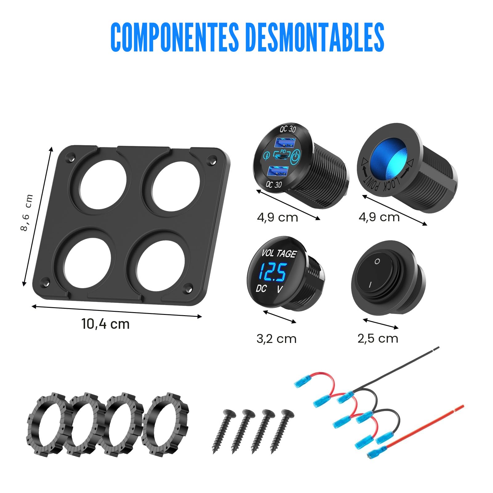 Toma USB de 12 voltios Accesorio RV 12V Marina Panel de Interruptores, Doble PD30W y QC18W Puerto USB Cargador de aluminio, 150W Enchufe del encendedor, Voltímetro azul e interruptor basculante