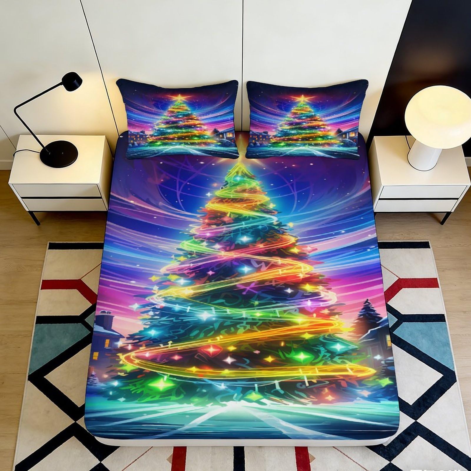 3D Printed Christmas Tree Fitted Sheet Microfiber Colorful Lights Bed Sheet for Bedroom Guest Room Decor Easy Care 90x200x25cm