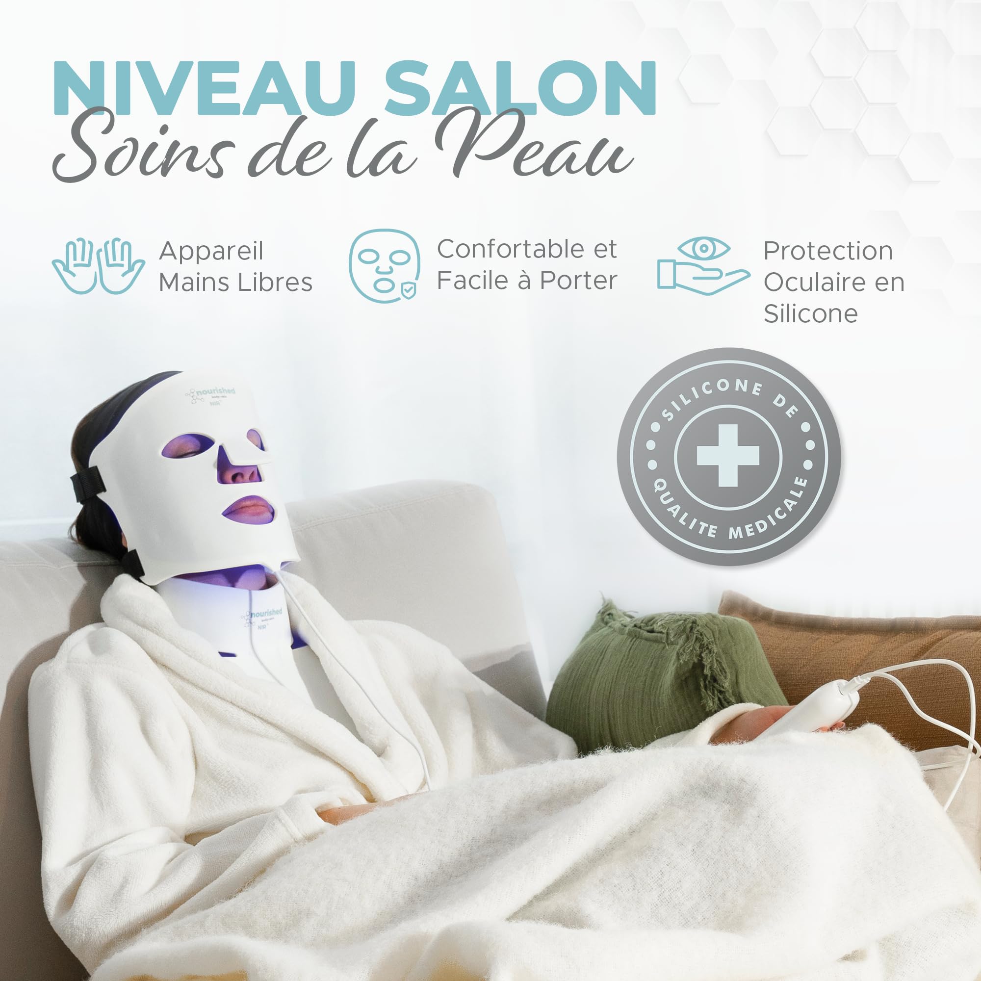 Nourished Bodynskin Masque LED 7 couleurs visage et cou avec infrarouge proche - Luminothérapie bleue, rouge pour le visage - 912 LED - Outil de soin pour l'anti-âge