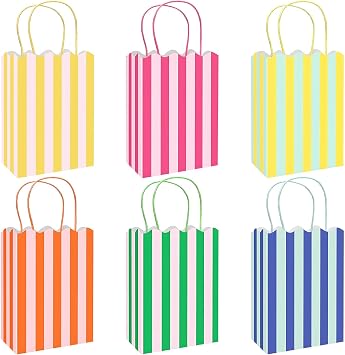 YQUQWN 24Pcs Colorful Stripe Goodie Bags, Scalloped Treat Bags with Handles Summer Gift Bags for Summer Birthday Wedding Party Favors Supplies