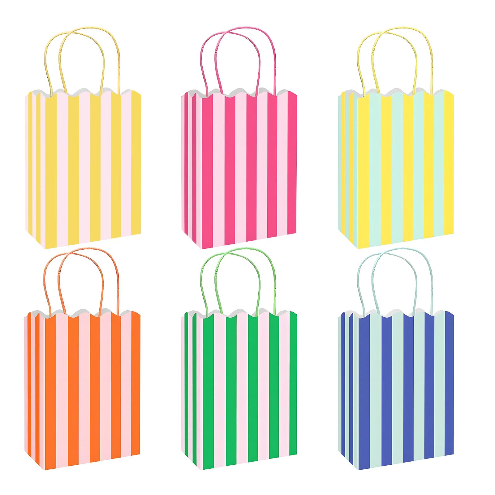 YQUQWN 24Pcs Colorful Stripe Goodie Bags, Scalloped Treat Bags with Handles Summer Gift Bags for Summer Birthday Wedding Party Favors Supplies