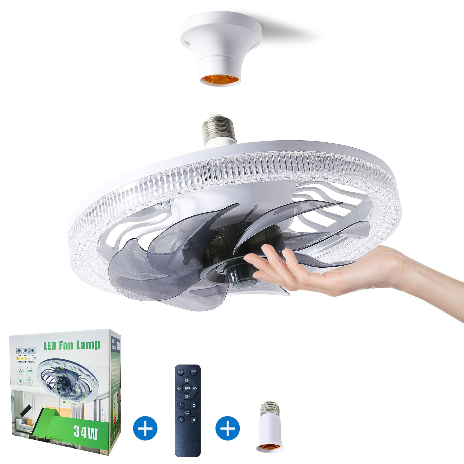 Ceiling Fans with Lights, 12inch Circle Flush Mount Dimmable LED Light [1200Lumens] with Fan, 4 Speed Settings, Quiet, Sleep Mode, E26/E27 Socket Fan Light with Remote for Bedroom, Kitchen