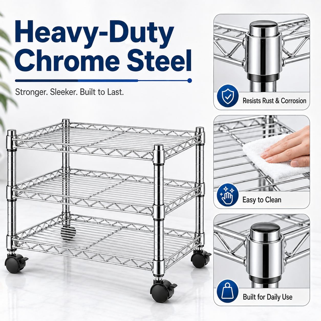 Simple Deluxe 3-Tier Storage Shelves, 750 Lbs Loading Capacity, 24.02" W x 13.78" D x 21.97" H Shelving Unit for Garage, Pantry and Kitchen, Chrome