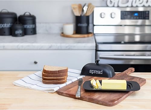 Vista 3 de AuldHome Design Mantequillera grande esmaltada (negro); moderno plato de mantequilla esmaltada con tapa