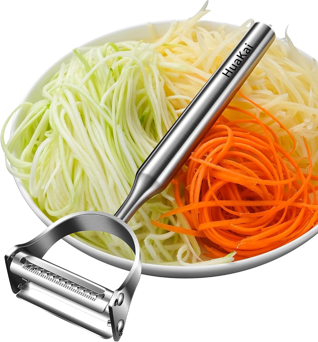 Pelador de verduras en juliana de acero inoxidable 2 en 1 | Doble función: pela y corta en juliana, la opción más ergonómica, ideal para personas con artritis o fuerza de agarre limitada.